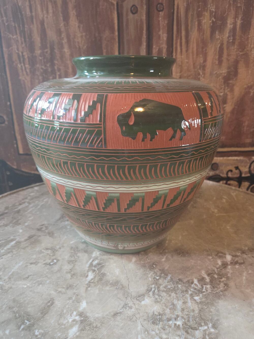 Green Buffalo Navajo Pottery Vase Signed by Johnny, W, Navajo